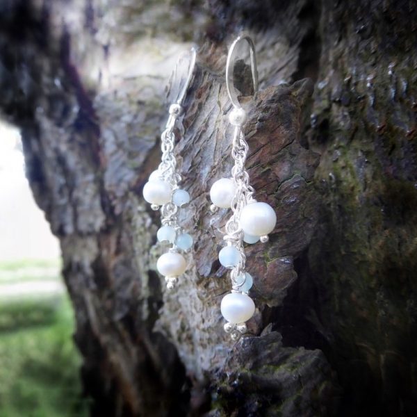 Drop earrings with aquamarine beads and freshwater pearls